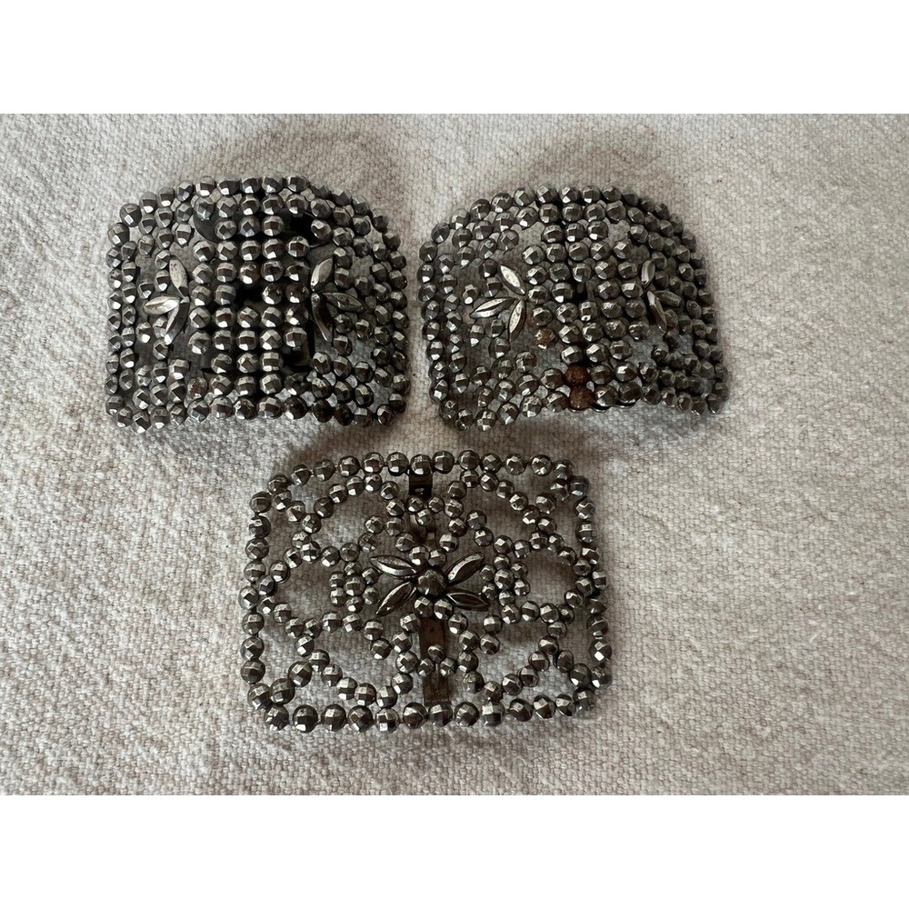 Evergrip Cut Steel Shoe Clips & France Buckle Set Silver Antique French 3pc